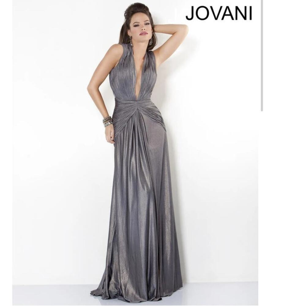 Jovani 2000s Gray Plunging Open Back Ruching Gown 6543 Size 6